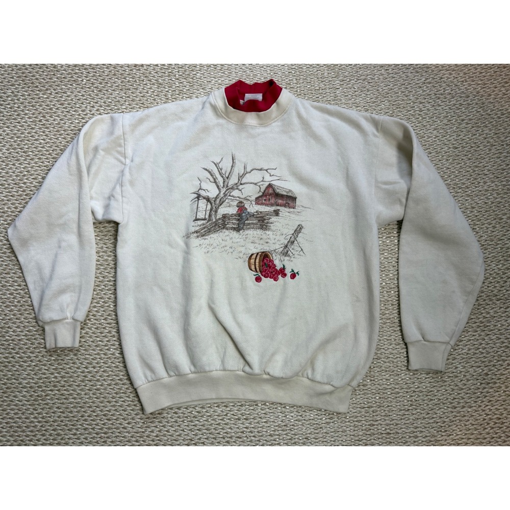 Vintage Artisans Farm Scene Mock Neck Sweatshirt  Embroidered Cottagecore granny